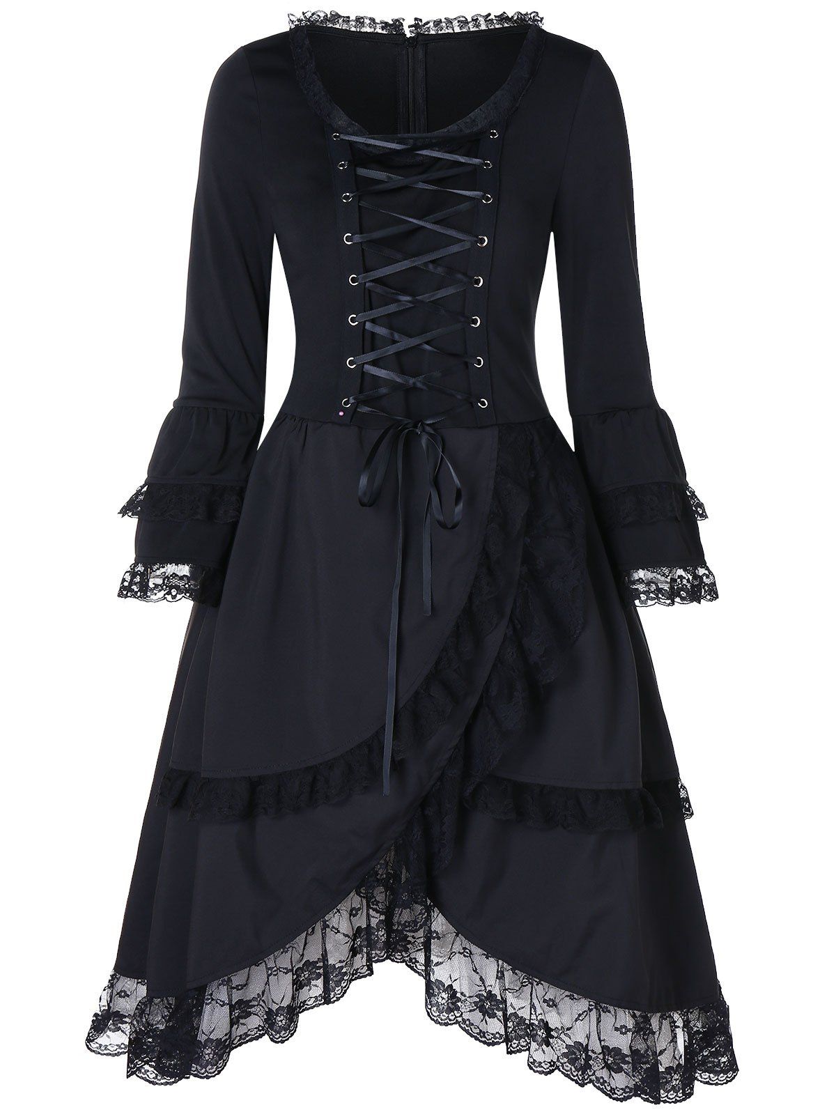 

Lace Up Flounced Layered Midi Dress, Black