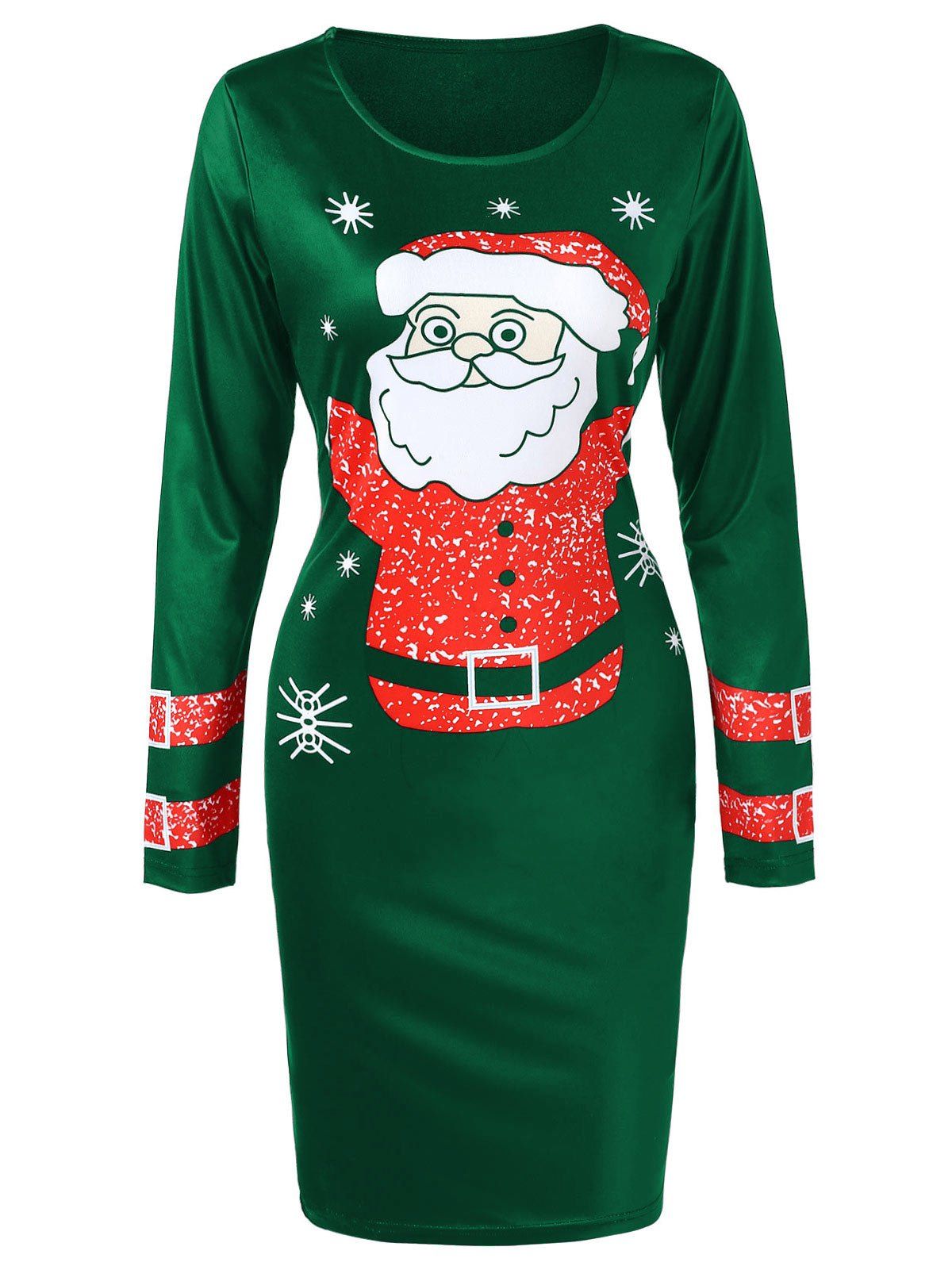 

Long Sleeve Santa Claus Printed Christmas Dress, Deep green