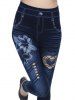 Pantalon Cœur Imprimé en Faux Denim - Paon Bleu Taille Unique