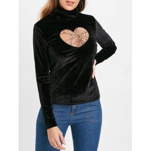 

Turtleneck Heart Mesh Design Velvet Top, Black