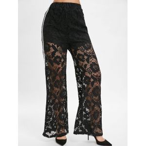 

Side Stripe Lace Insert Palazzo Pants, Black