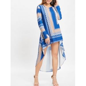 

Tribal Print High Low Long Blouse Dress, Dodger blue