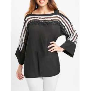 

Cold Shoulder Lace Panel Striped Blouse, Black