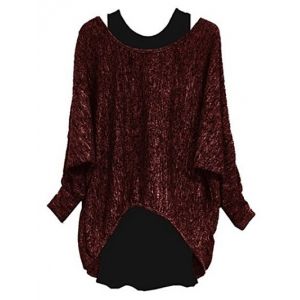 

Plus Size Batwing Sleeve Two Piece Pullover Sweater, Red wine