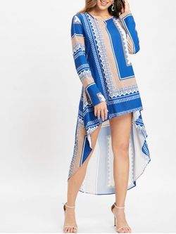 Tribal Print High Low Long Blouse Dress - DODGER BLUE - L