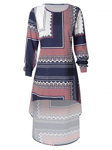 

Tribal Print High Low Long Blouse Dress, Chestnut red