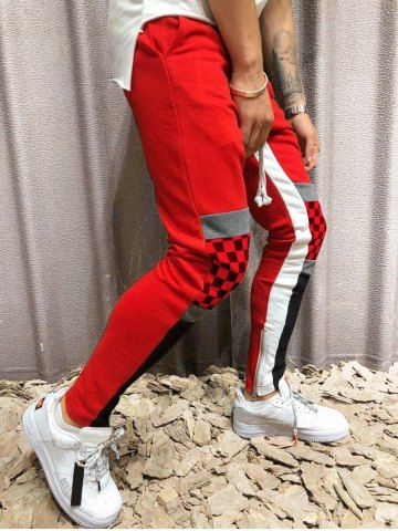 

Colorblock Patchwork Checked Print Track Pants, Red