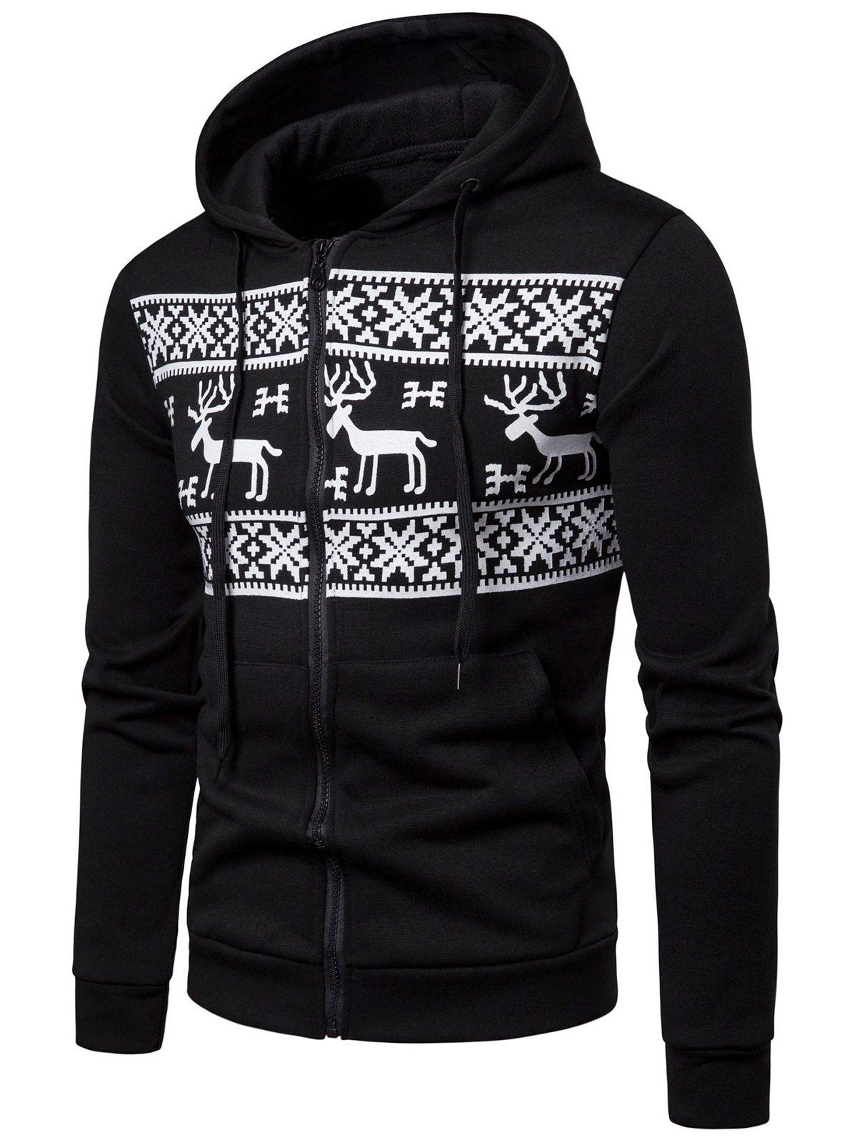 

Christmas Deer Snowflakes Printed Drawstring Hoodie, Black