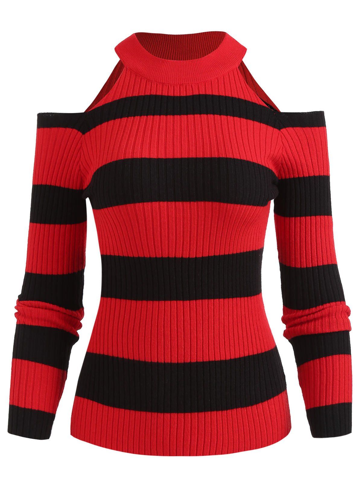 

Striped Cold Shoulder Pullover Sweater, Red