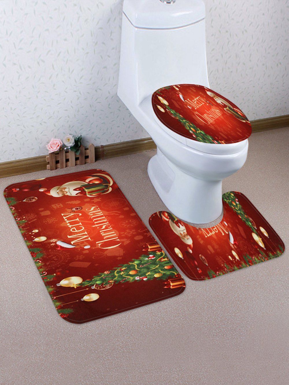 

Christmas Tree Santa Claus Pattern 3 Pcs Toilet Mat Set, Red