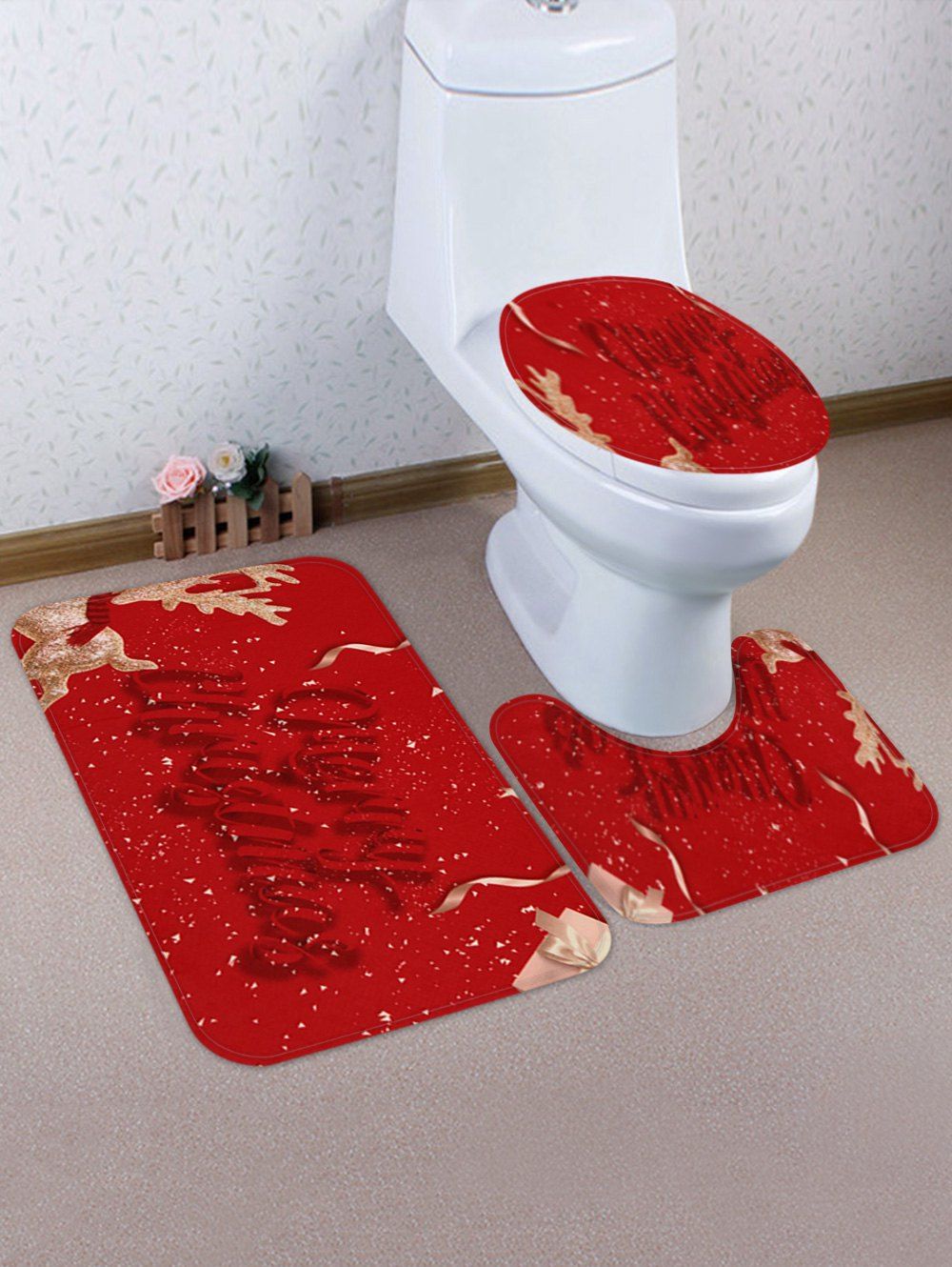

Merry Christmas Elk Pattern 3 Pcs Toilet Mat Set, Red