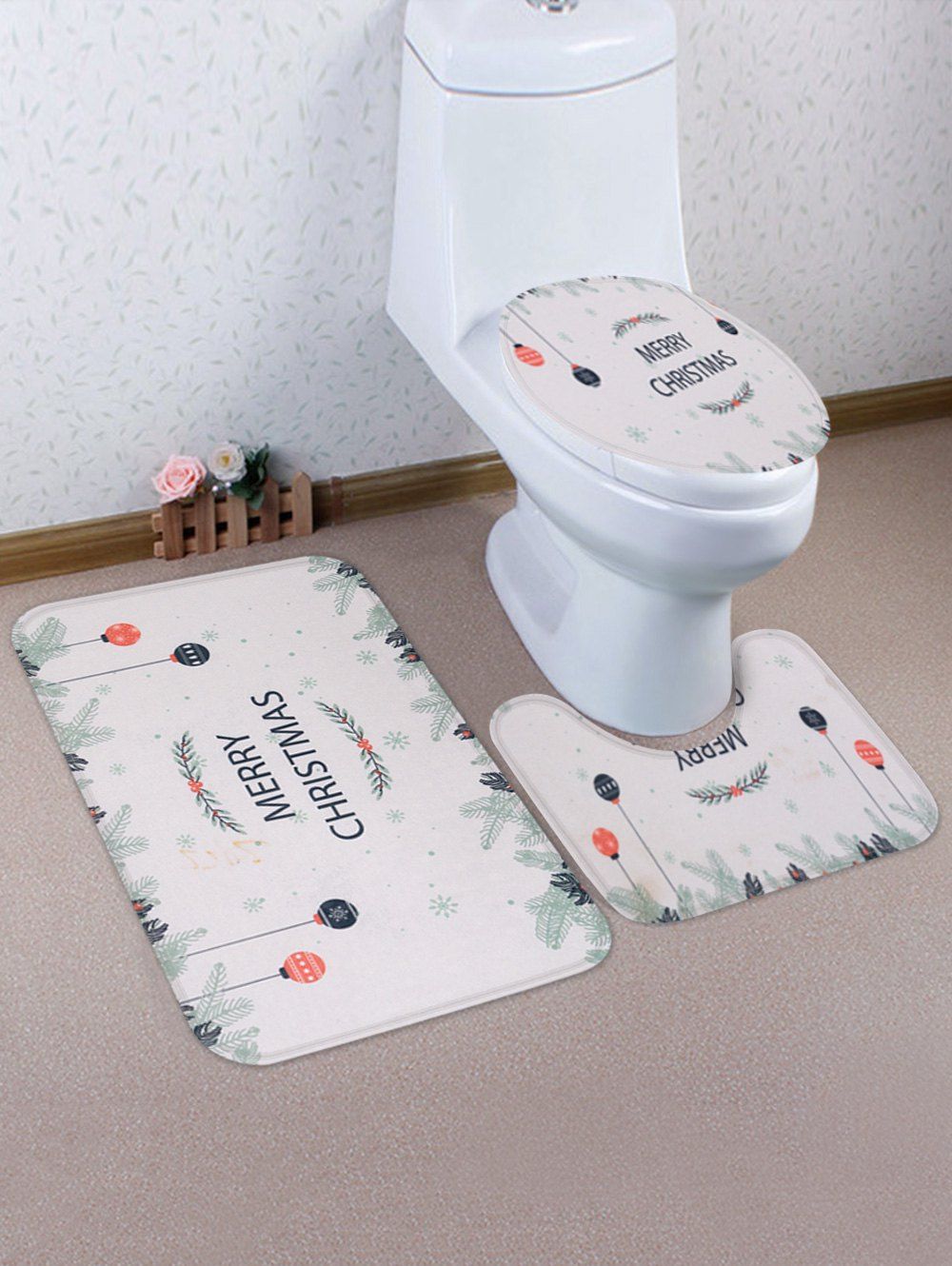 

Merry Christmas Pattern 3 Pcs Toilet Mat Set, White