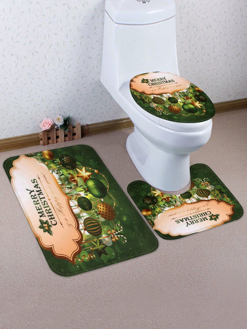 

Christmas Hanging Balls Pattern 3 Pcs Bath Mat Toilet Mat, Deep green