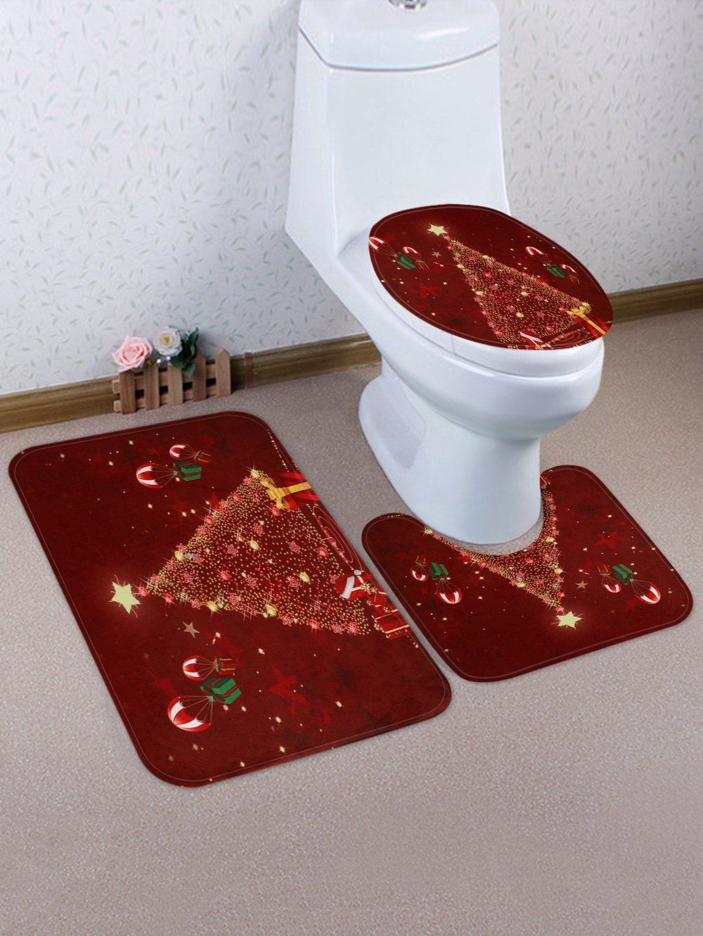 Fancy Christmas Stars Tree Pattern 3 Pcs Toilet Mat Set  