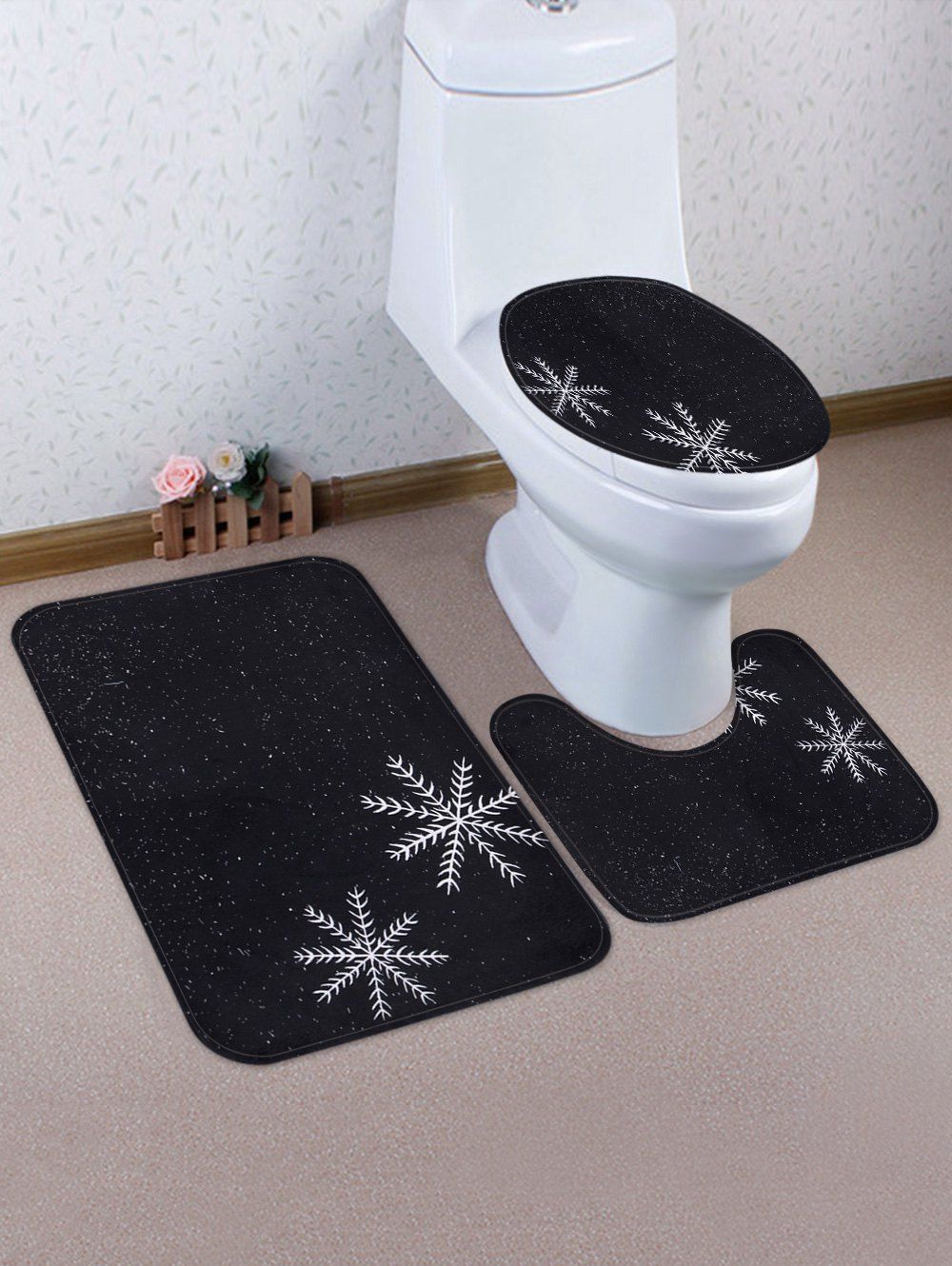 

Christmas Snowy Night Pattern 3 Pcs Bath Mat Toilet Mat, Black