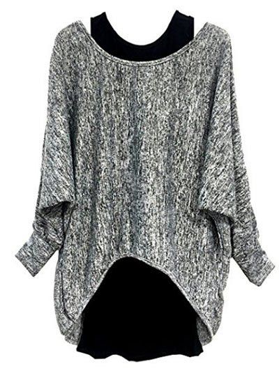 

Plus Size Batwing Sleeve Two Piece Pullover Sweater, Gray