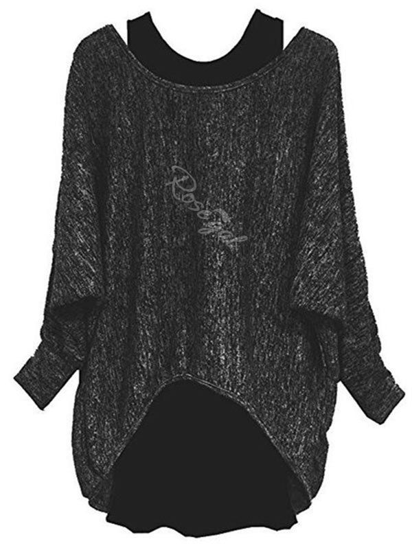 

Plus Size Batwing Sleeve Two Piece Pullover Sweater, Black