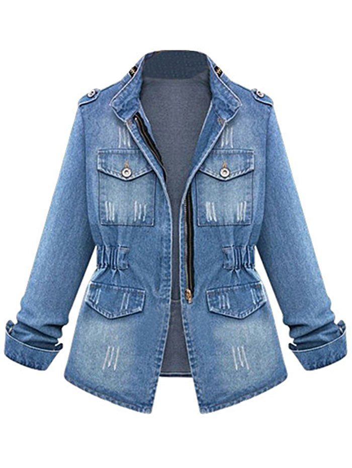 

Plus Size Distressed Front Pockets Denim Jacket, Denim blue