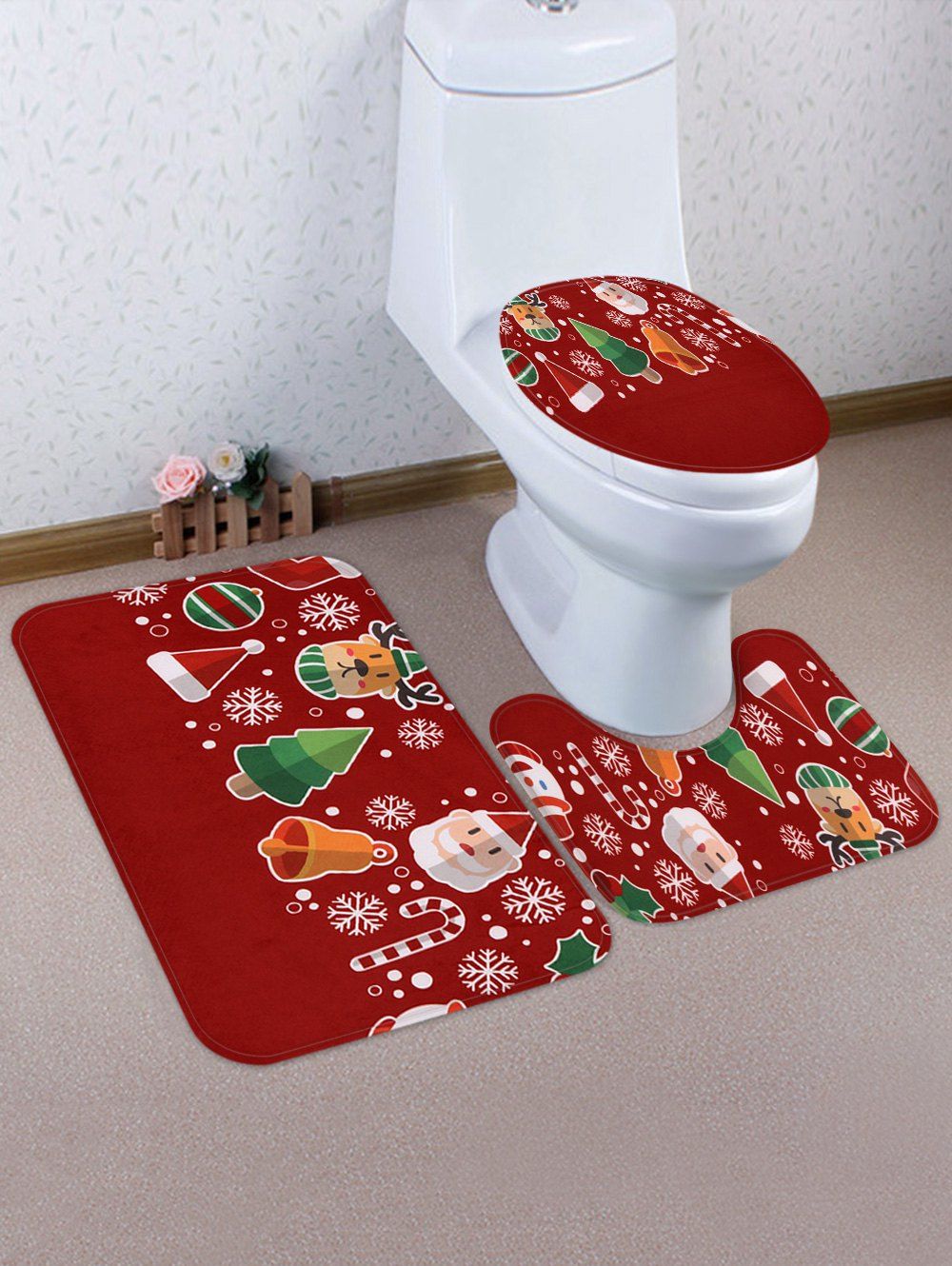 

Christmas Themed Pattern 3 Pcs Bath Mat Toilet Mat, Red