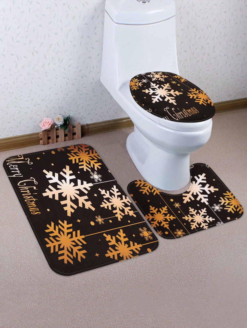 

Christmas Snowflake Pattern 3 Pcs Toilet Mat Set, Black