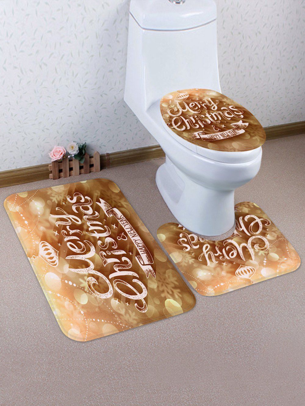 

Christmas Blessing Pattern 3 Pcs Toilet Mat Set, Gold