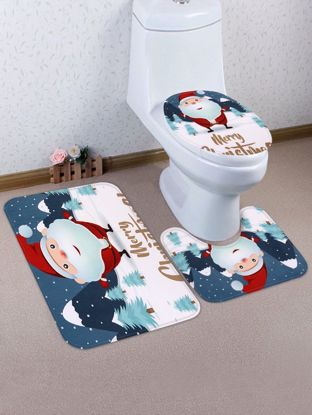 

Christmas Santa Claus Forest Pattern 3 Pcs Toilet Mat Set, Multi