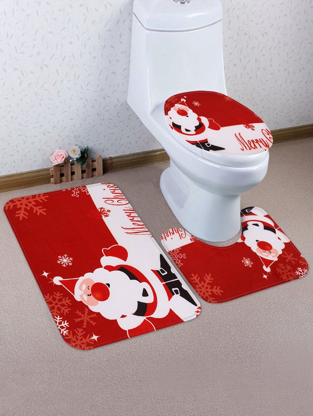 Hot Christmas Santa Claus Greeting Pattern 3 Pcs Toilet Mat Set  