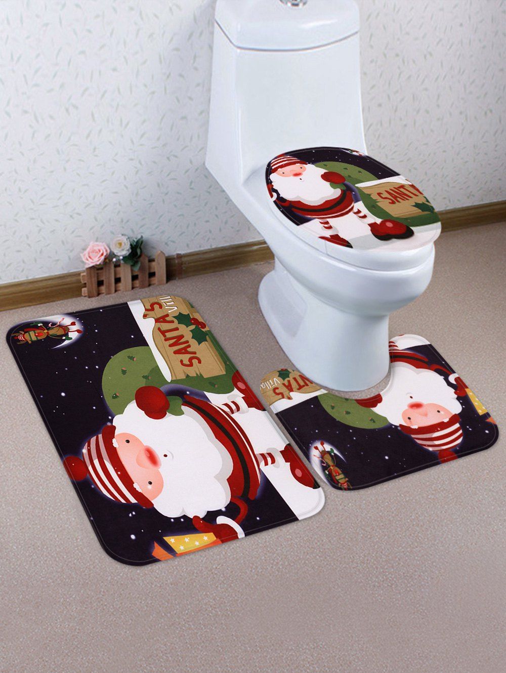 

Christmas Santa Village Pattern 3 Pcs Toilet Mat Set, Black
