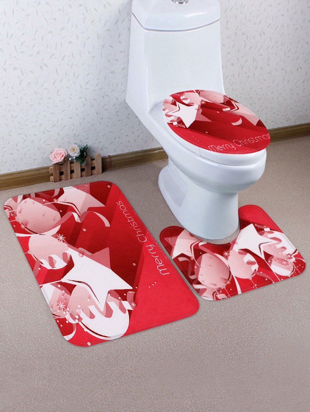 

Christmas Balls Stars Pattern 3 Pcs Toilet Mat Set, Red