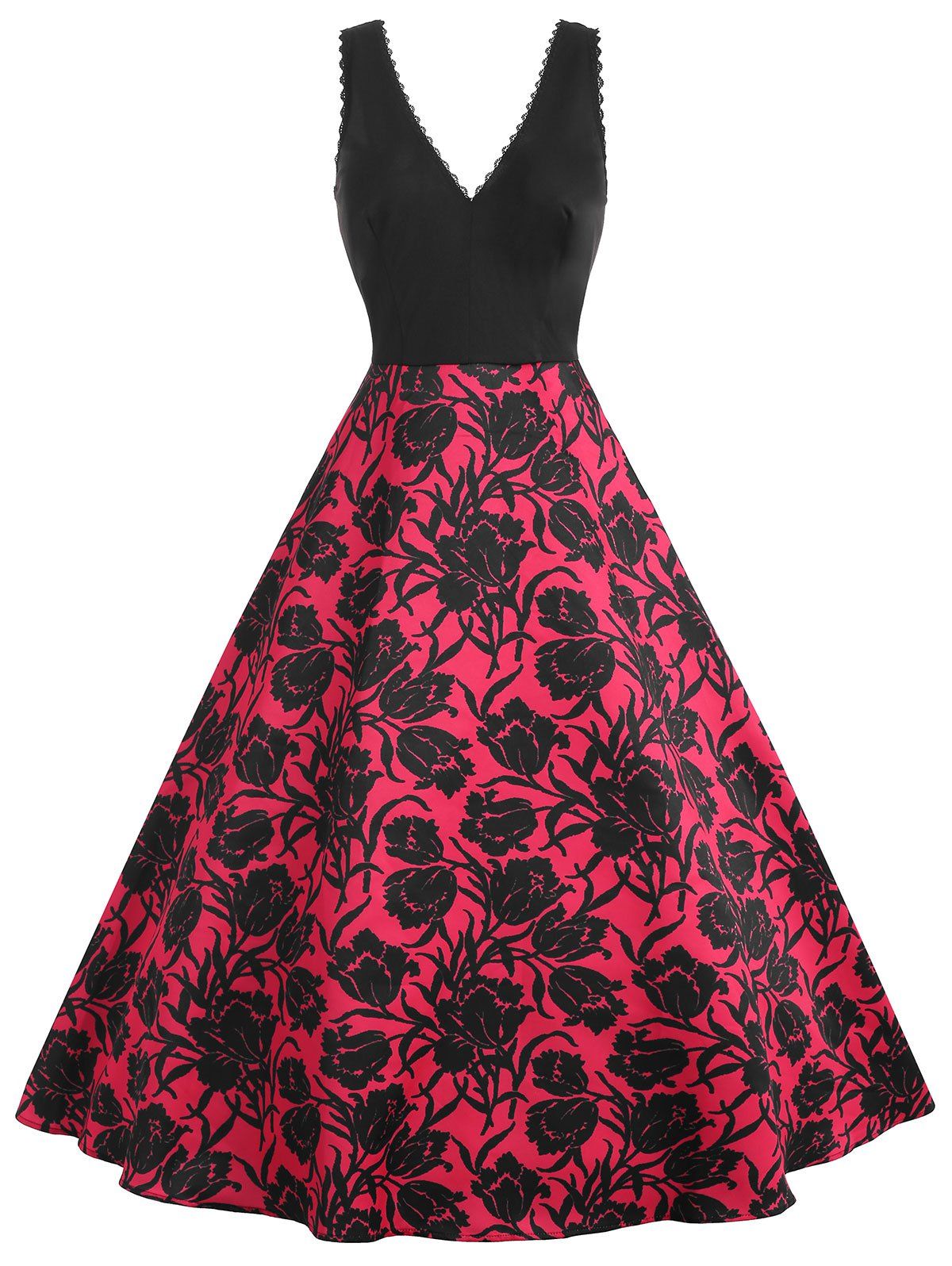

Plunging Neckline Floral Print Long Dress, Red wine