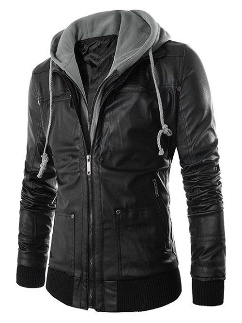 

Zippered Hooded PU Leather Jacket, Black