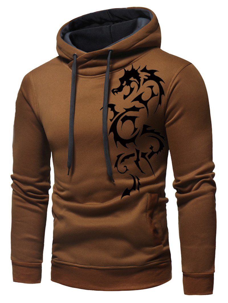 

Dragon Printed Pullover Drawstring Hoodie, Sepia