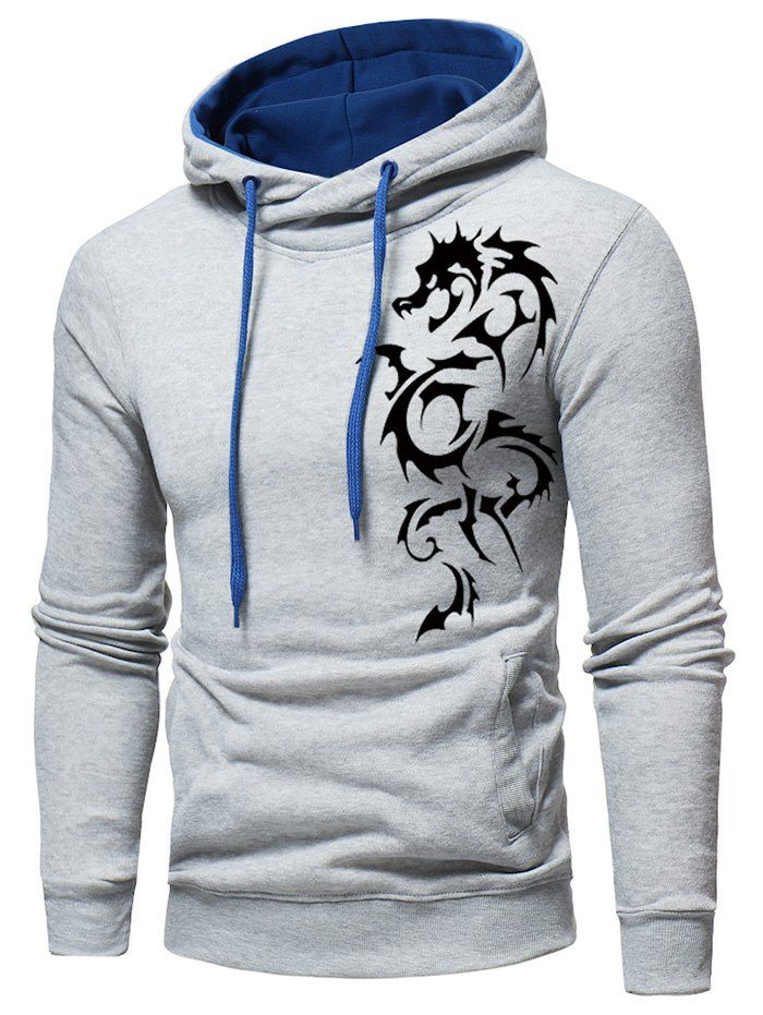 

Dragon Printed Pullover Drawstring Hoodie, Light gray