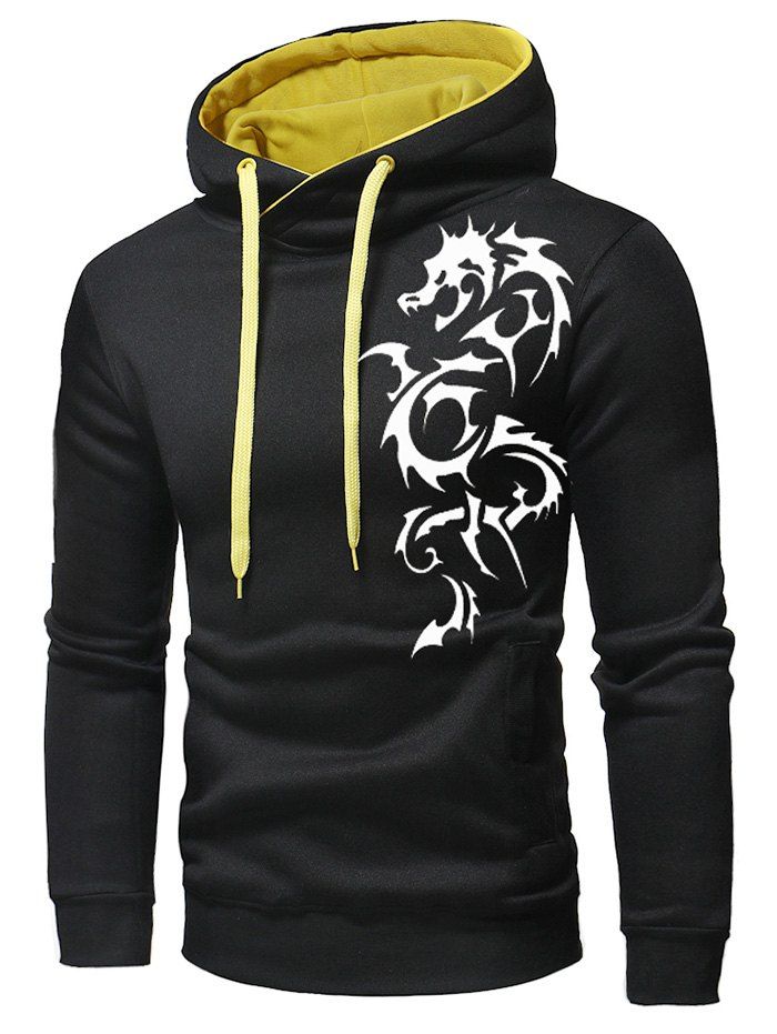 

Dragon Printed Pullover Drawstring Hoodie, Black