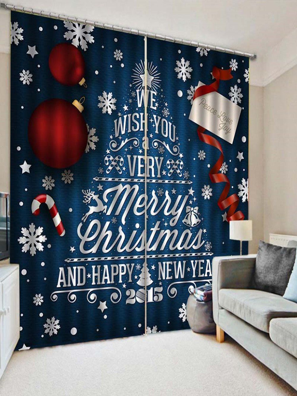 

2PCS Merry Christmas Happy New Year Pattern Window Curtains, Silk blue