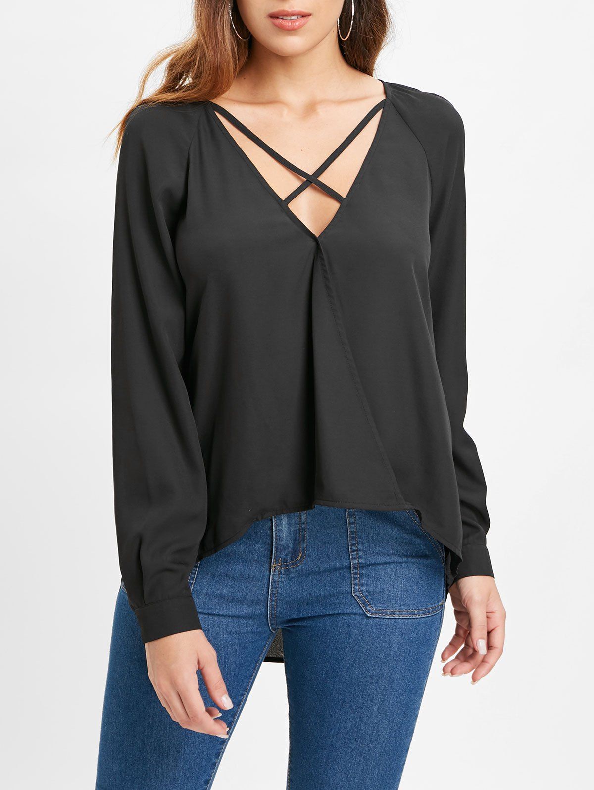 

Raglan Sleeve High Low Blouse, Black