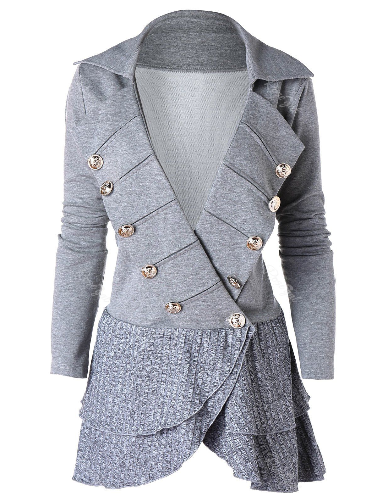 

Layered Ruffle Hem Plus Size Button Embellished Coat, Gray