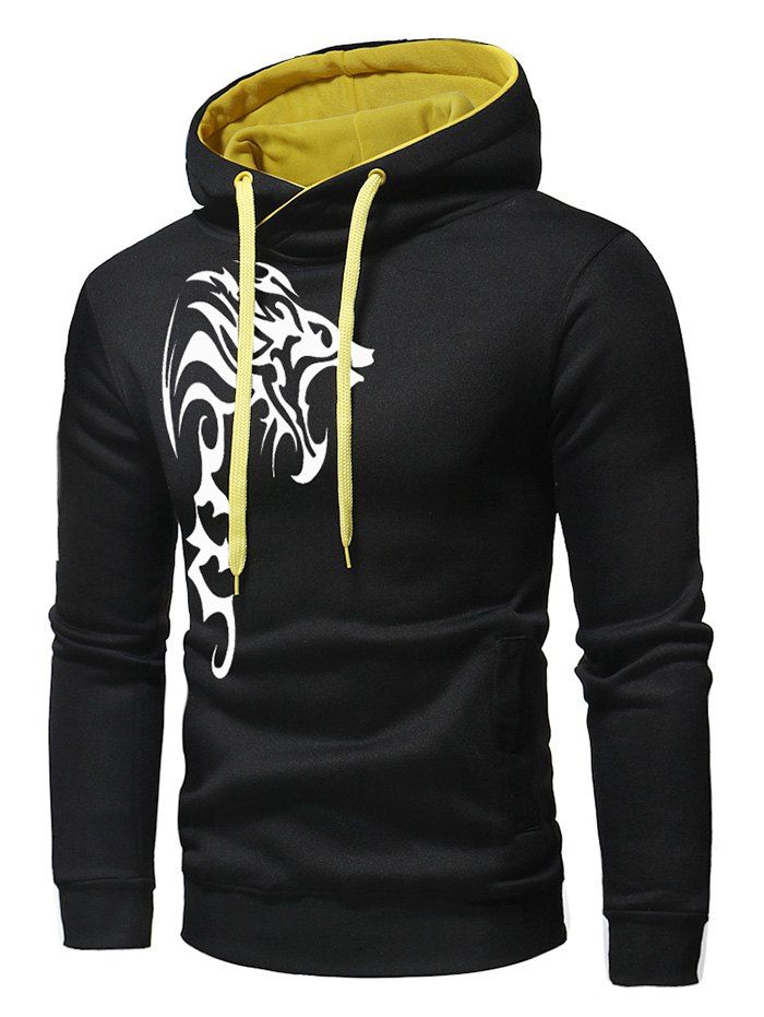 

Dragon Pattern Pullover Drawstring Hoodie, Black