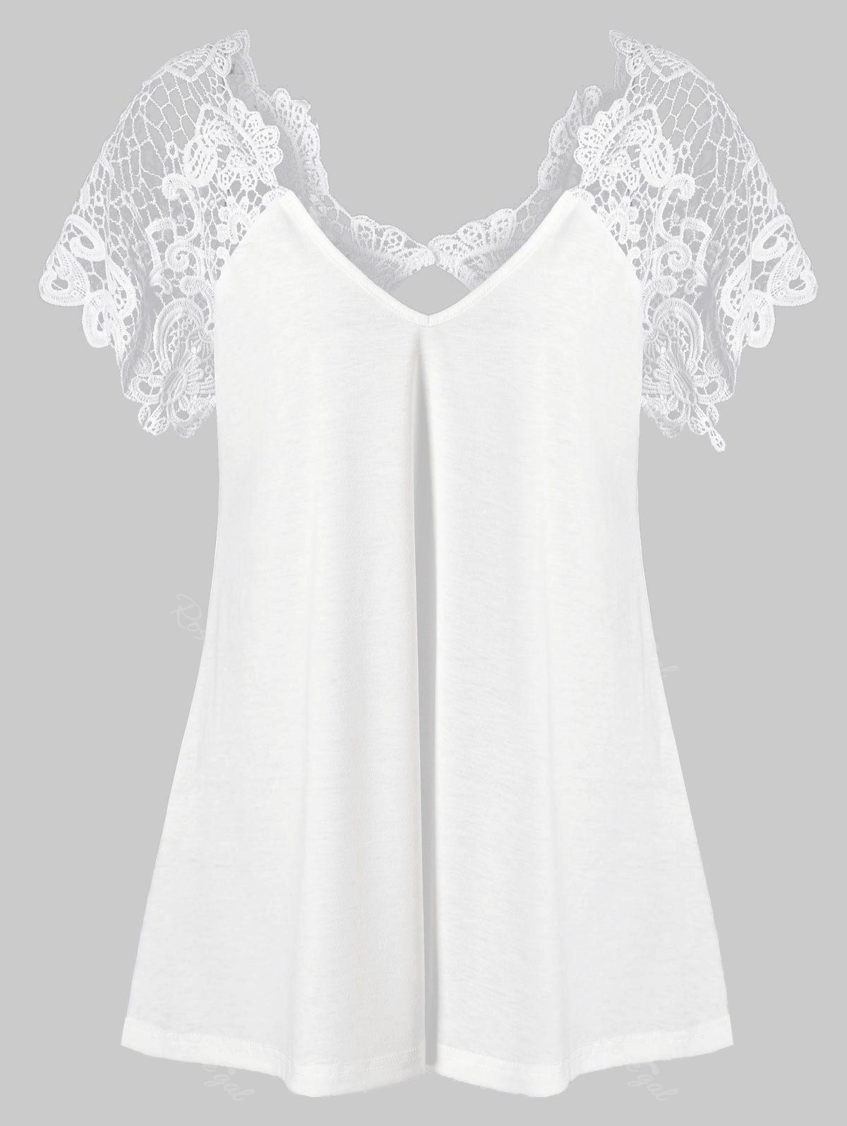 

V Neck Plus Size Lace Trim Cutwork T-Shirt, White