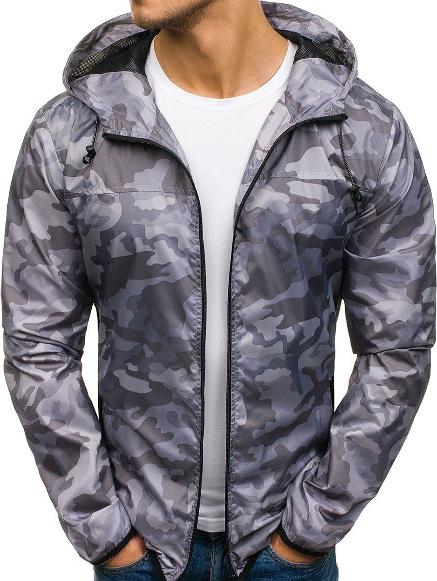 

Camouflage Pattern Zip Fly Hooded Jacket, Dark gray