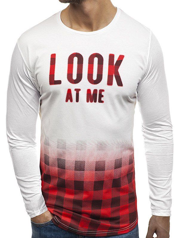 

Graduated Plaid Pattern Round Neck T-shirt, White