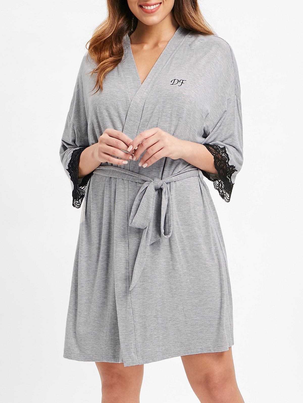 

Belted Lace Insert Sleeping Robe, Light gray