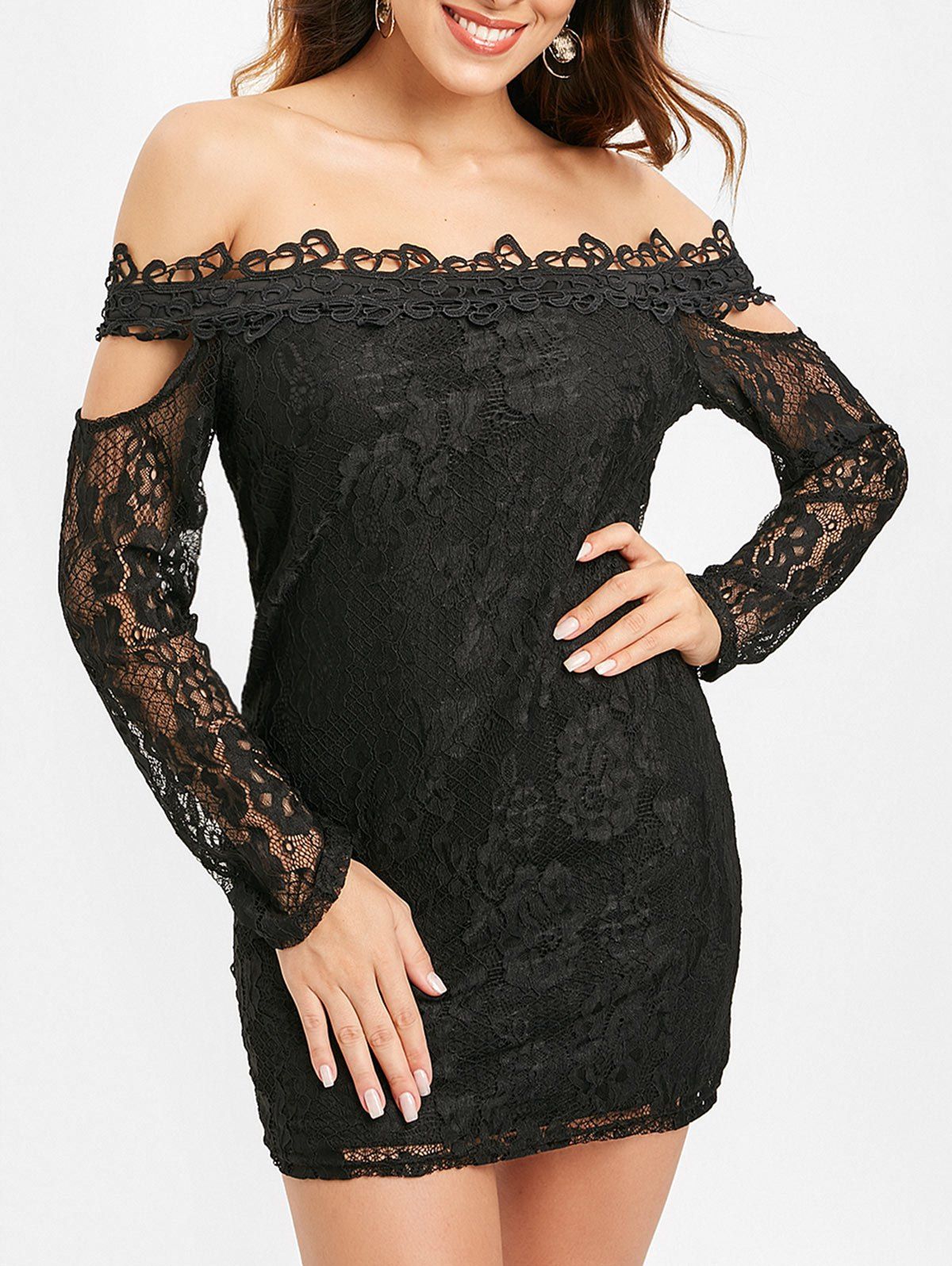 

Full Sleeve Bare Shoulder Mini Lace Dress, Black