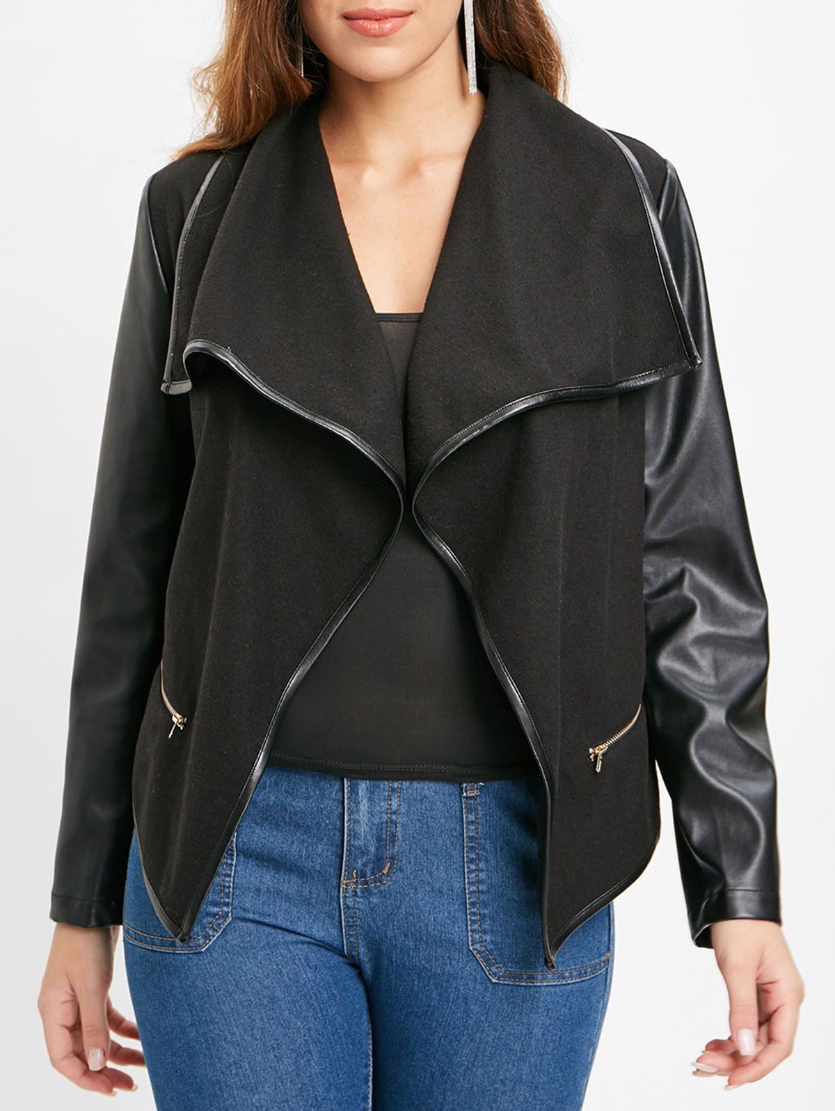 

PU Leather Panel Jacket with Zipper, Black