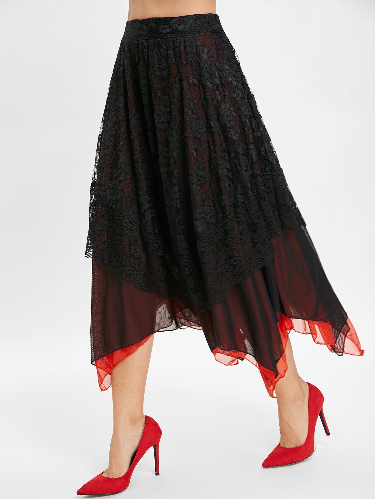 

High Waist Lace Insert Handkerchief Skirt, Black