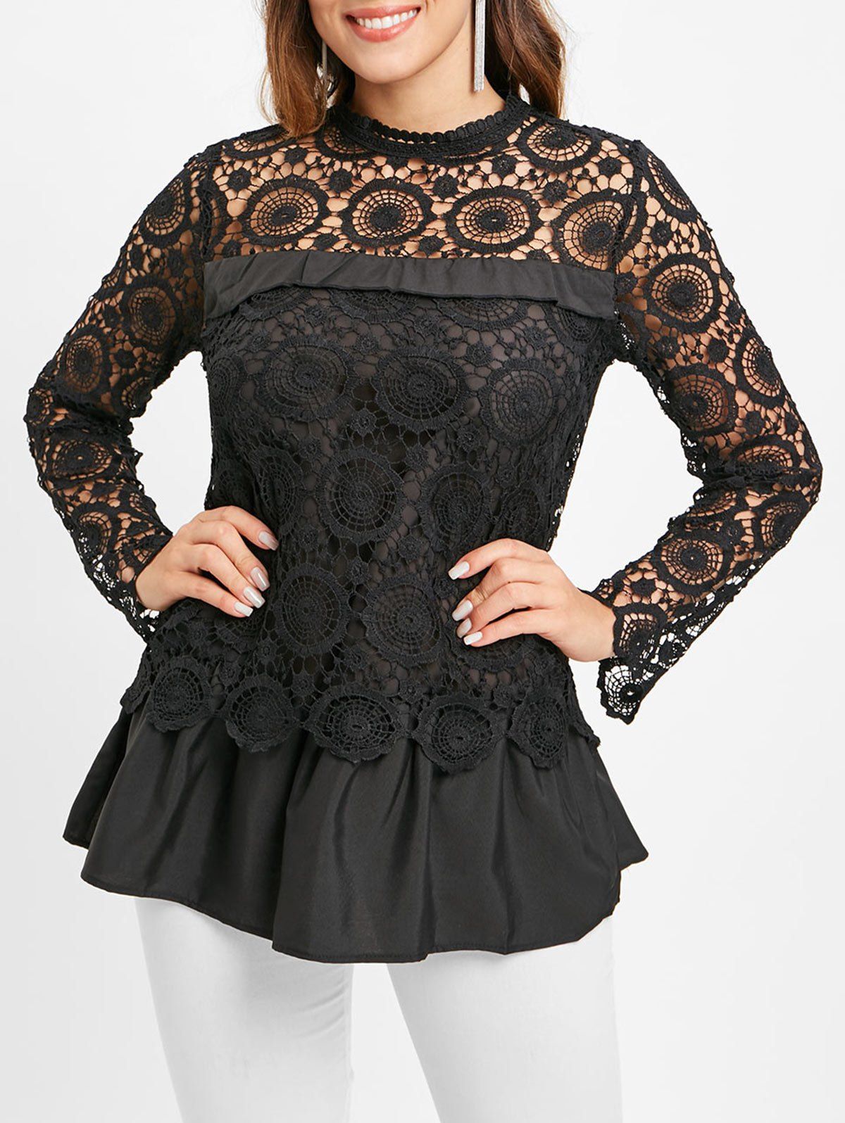 

Lace Spliced Long Blouse, Black