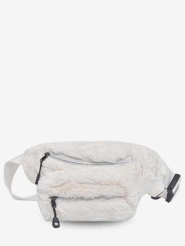 

Double Zipper Fluffy Design Crossbody Bag, White