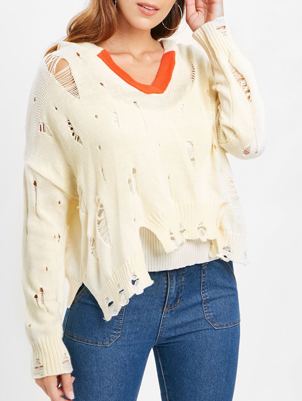 

Drop Shoulder Distressed Hooded Sweater, Warm white