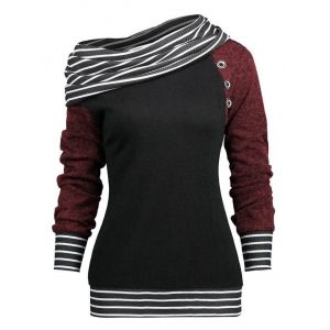 

Skew Neck Striped Panel Sweatshirt, Red wine