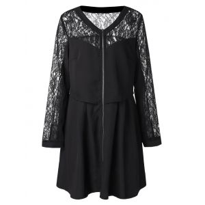 

Plus Size Zipper Lace Panel See Through Sleeve Long Blouse, Black